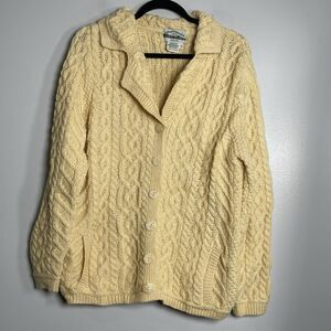 ARAN CRAFTS Cardigan Sweater Small‎ Yellow 100% Wool Ireland Chunky Granniecore